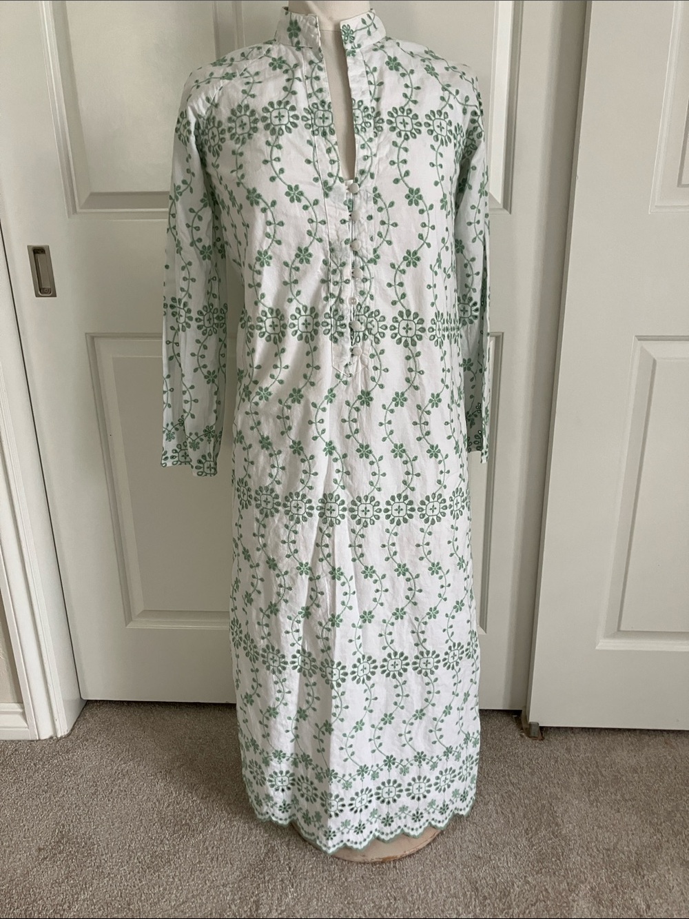 Sail to Sable White Maxi Dress with Green Floral Embroidery